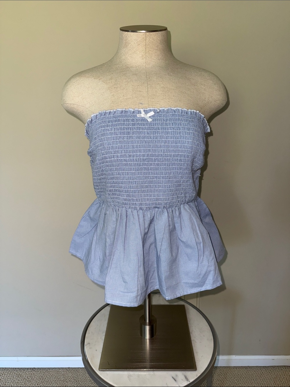 Smocked Peplum Strapless Top in Light Blue Size L